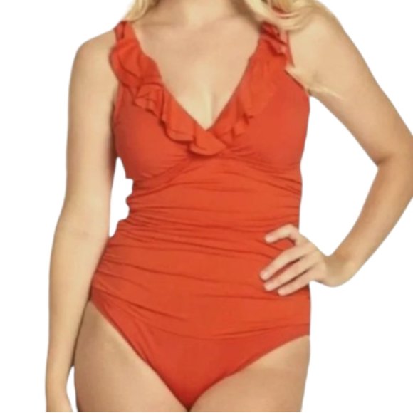 LAUREN RALPH LAUREN Orange Slimming Swimsuit  One Piece Ruffle Womens Size 6 - Picture 2 of 15